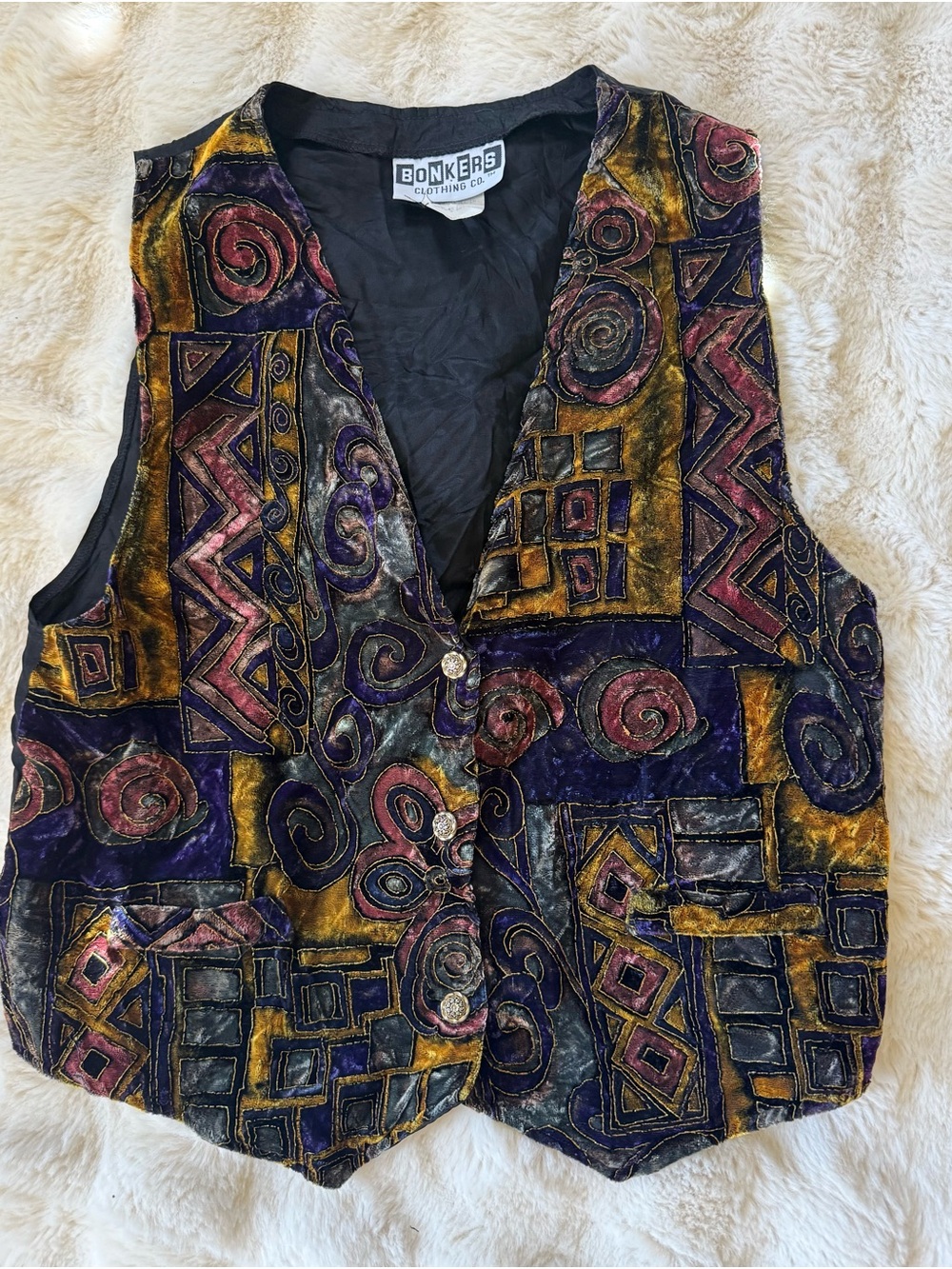 Bonkers Velvet Patchwork Button-Front Vest in Purple & Gold Vintage